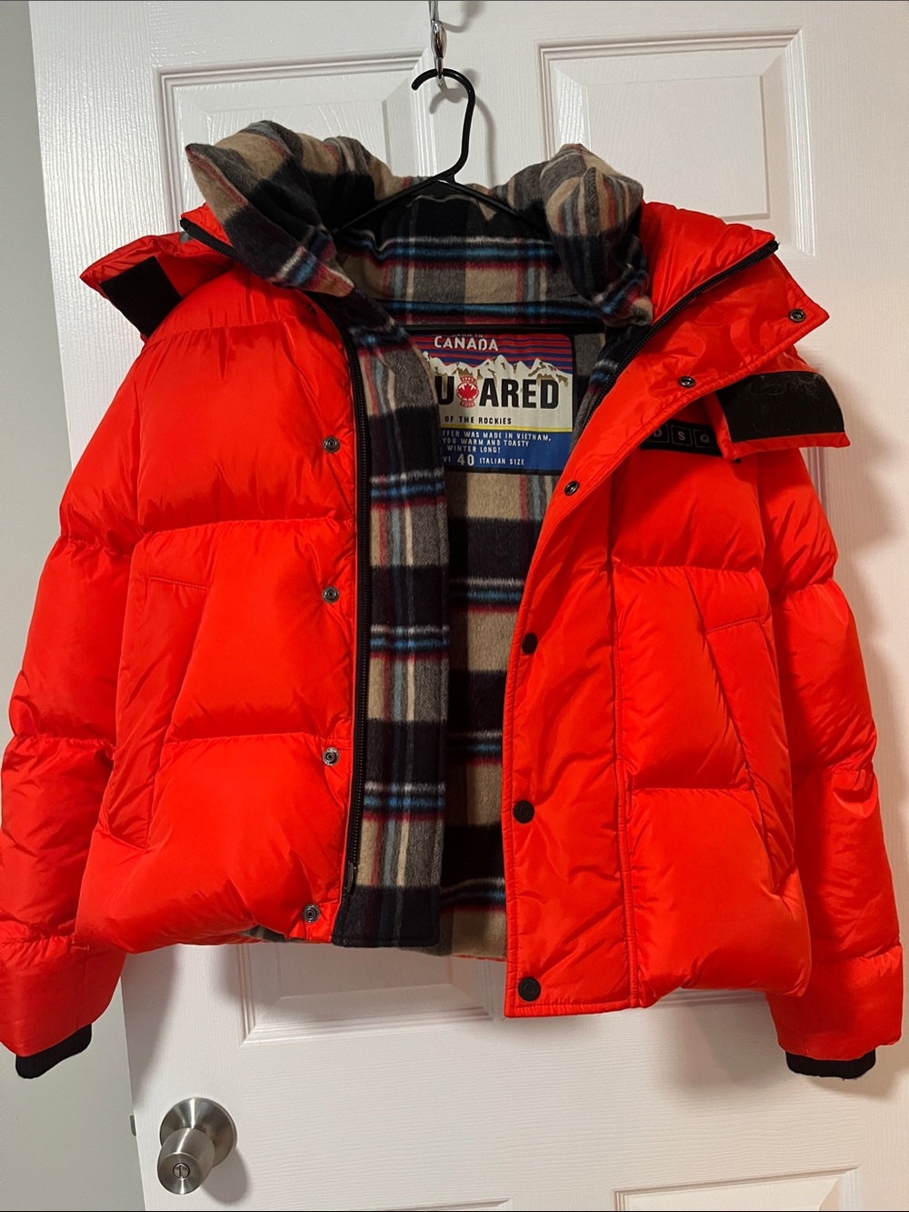 DSQUARED2 Bright Orange/Red Puffer Jacket with Plaid Lining